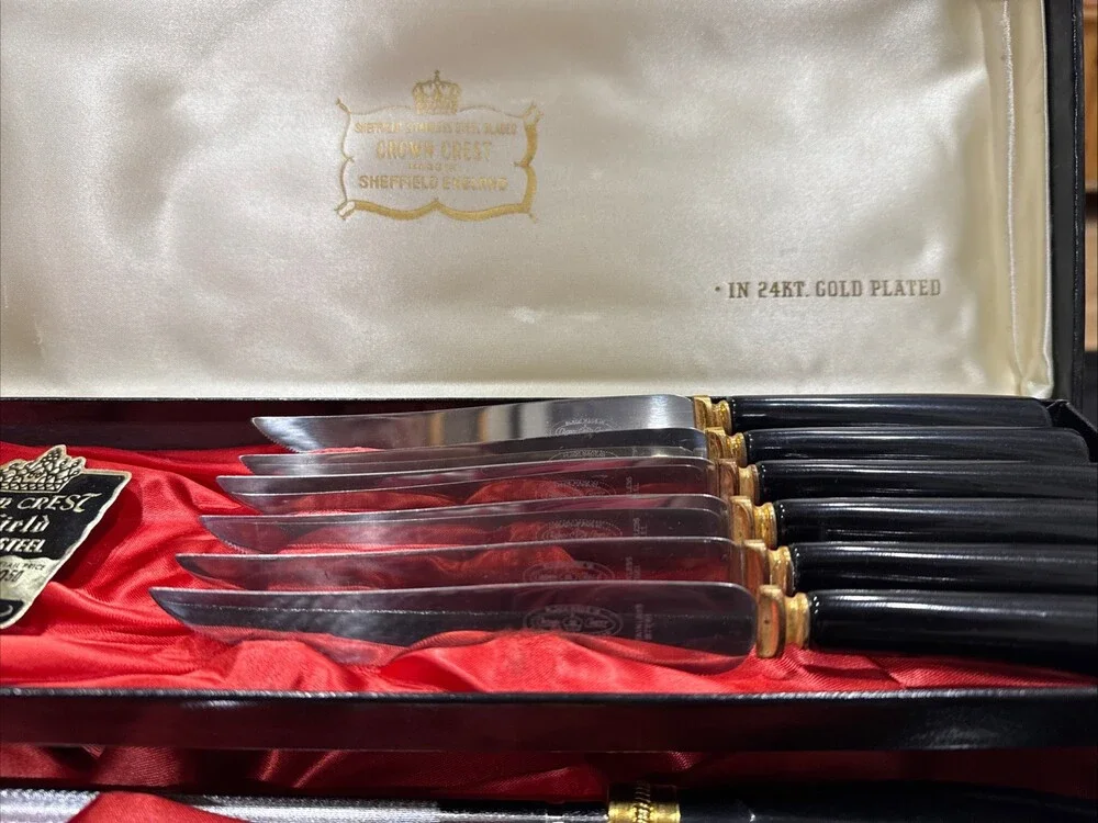 Old Money 24K GP Sheffield England black Handles, Stainless Steel Carving Set